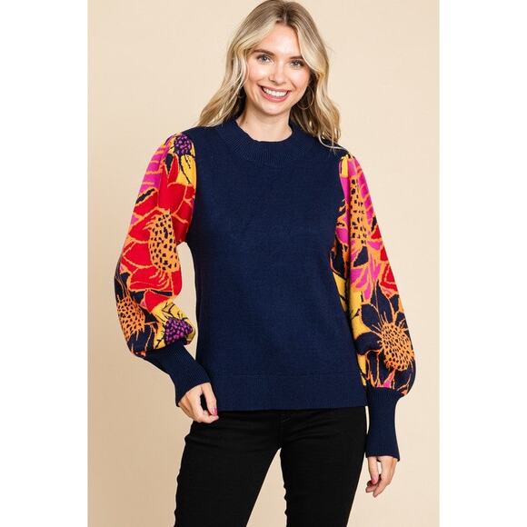Jodiful Women’s Floral Balloon Sleeve Sweater S Colorblock Navy Pink Mock Neck - Picture 11 of 11